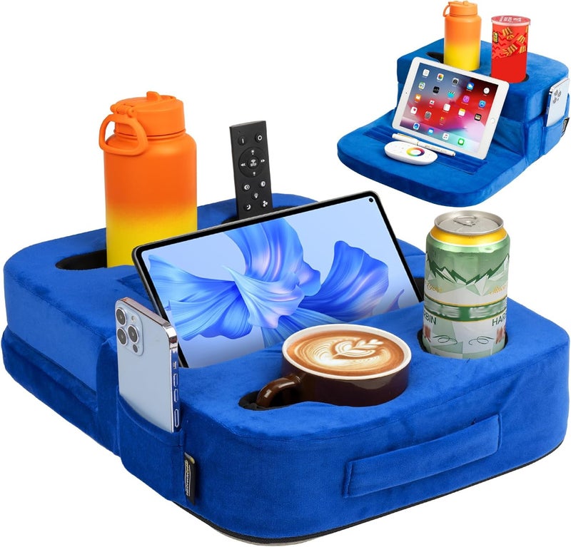 TabCouchCaddy Couch Cup Holder Tray Pillow - Bed, Couch Caddy, Sofa, RV & Car - Holds Drinks, Snacks, Remotes, Phones, Kindle, Tablet | Bed Cup Holder (Blue) - Image 2